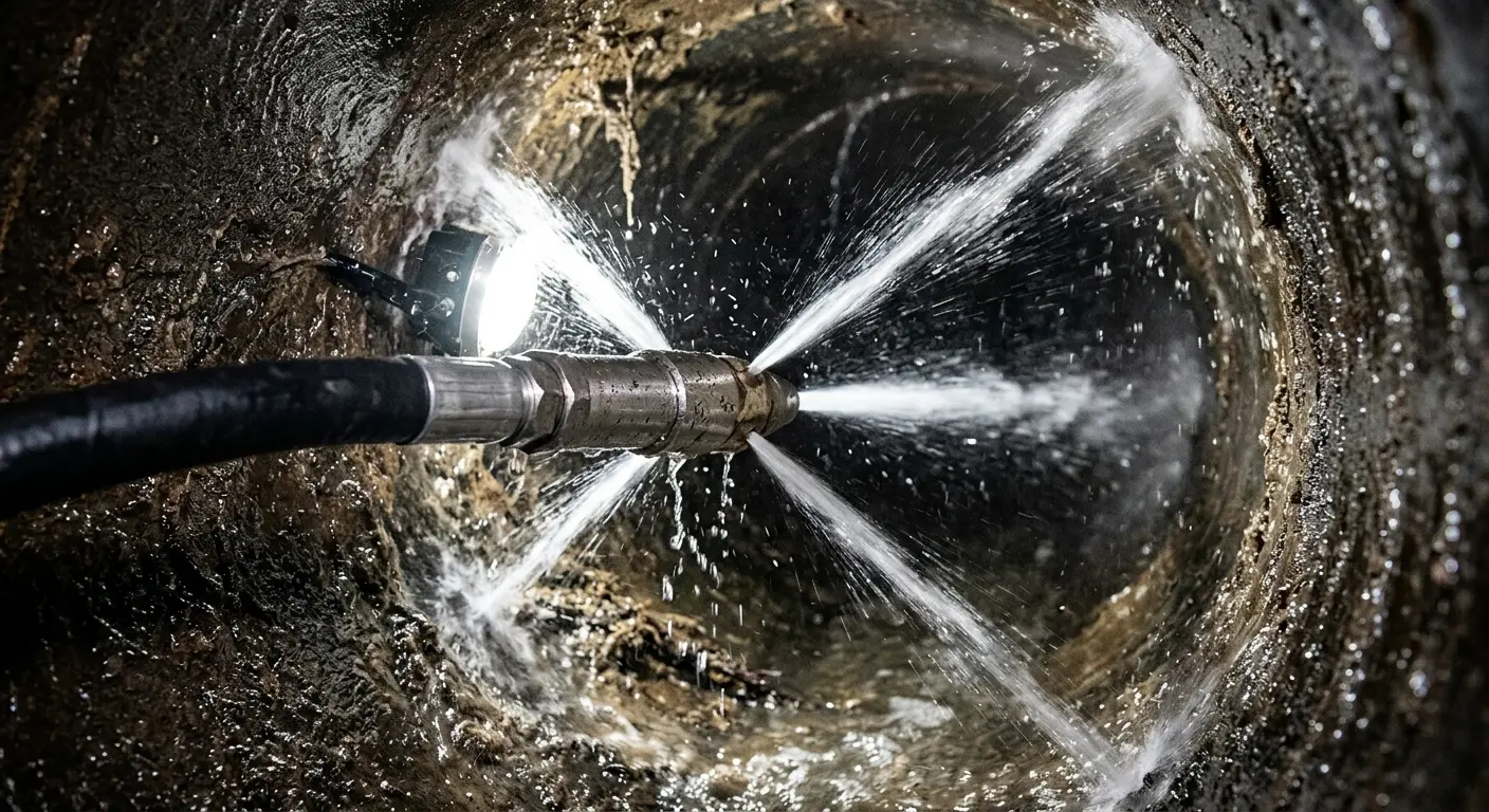 High-pressure hydro jetting nozzle cleaning sewer pipe for Trenchless Sewer Repair in Germantown