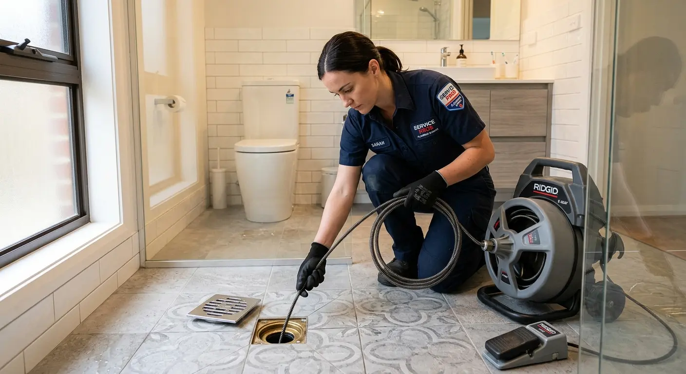 Technician clearing a bathroom floor drain for Clogged Drain Repair in Germantown
